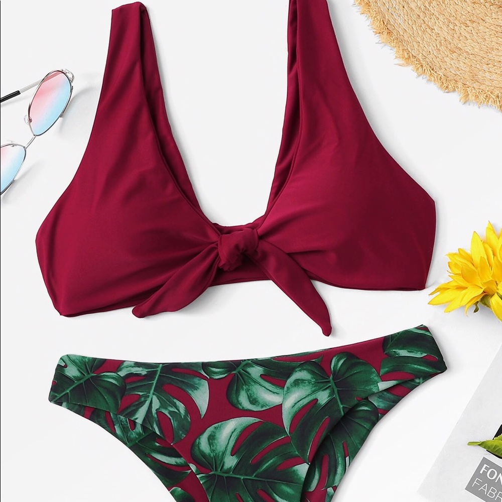 Knot Front Palm Print Bikini Set